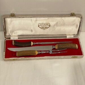 1960s Sheffield England Stag Horn Handle Carving Knife Set